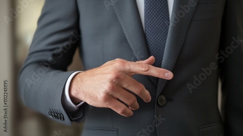 Businessman in a meeting, explaining ideas with hand gestures, office setting, soft lighting