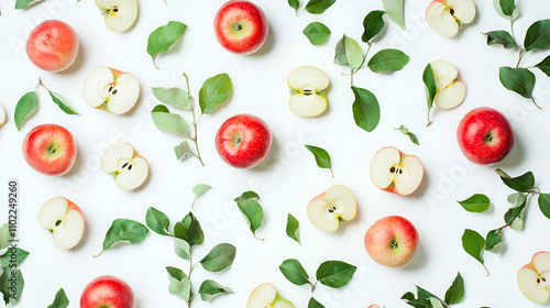 Red Apple Pattern with Leaves: Flatlay Food Photography