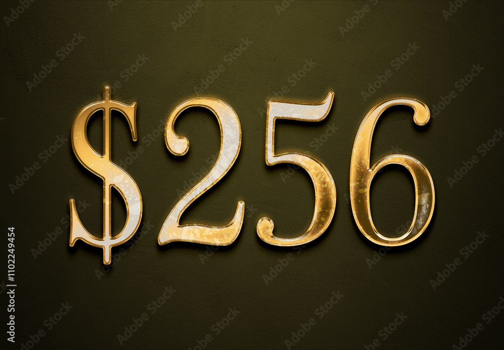 Old gold effect of 256 dollars with 3D glossy style Mockup.