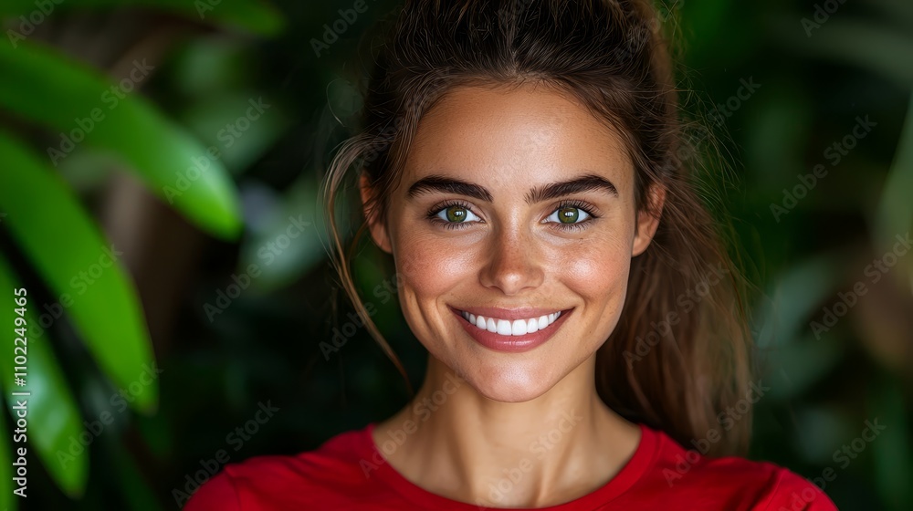 a woman in a red shirt smiling at the camera with a blurred background of leaves a woman in a red shirt smiling at the camera with a blurred background of leaves