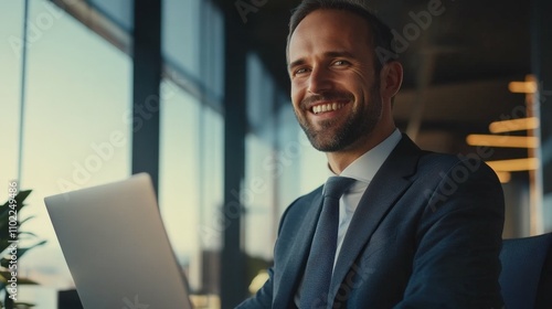 Confident businessman in suit smiling slightly while working on laptop, corporate office environment, natural lighting,