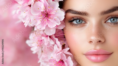  a woman with blue eyes and pink flowers in her hair, set against a blurred background She appears to be in a beauty salon, suggesting that she is getting a facial