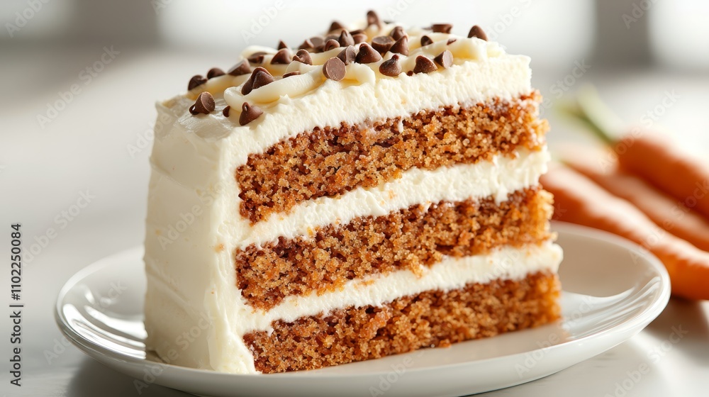 a slice of carrot cake on a plate with chocolate chips sprinkled on top The background is slightly blurred, giving the focus to the delicious-looking cake a slice of carrot cake on a plate with chocolate chips sprinkled on top The background is slightly blurred, giving the focus to the delicious-looking cake
