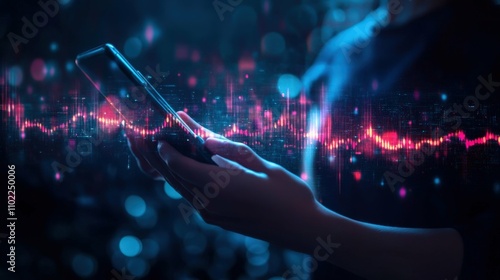 Person holding phone with soundwave and radio signal icons, dark background, communication and data transfer,