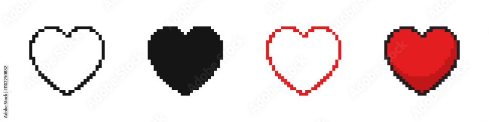 Fototapeta premium Pixel heart icons. Heart pixel style vector set. Hearts in a pixelated style