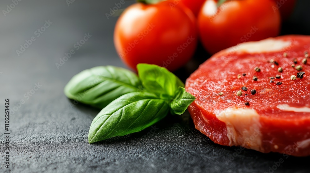 a close up of a sliced tomato with basil leaves on a black surface The tomato is a deep red color and the basil leaves are a vibrant green The background is sligh a close up of a sliced tomato with basil leaves on a black surface The tomato is a deep red color and the basil leaves are a vibrant green The background is sligh