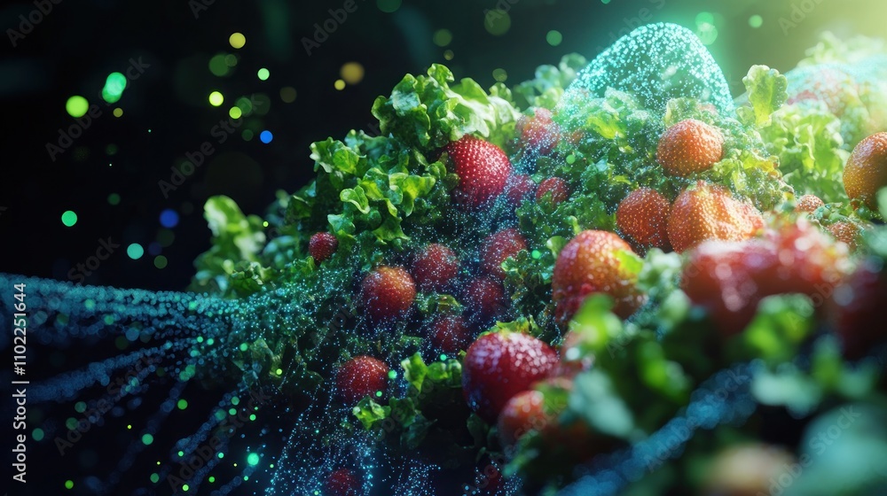 Fototapeta premium Fresh strawberries and green leaves with water drops and bokeh background.