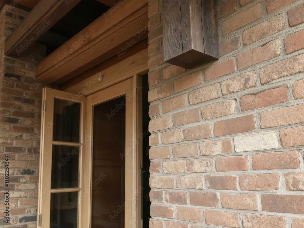 Fototapeta premium A close-up shot of a textured storefront with weathered brick walls and rustic wooden beams, old, textured