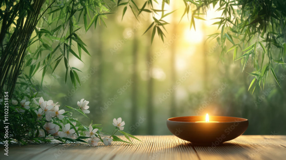 Aroma therapy. A serene setting featuring a lit candle in a bowl surrounded by bamboo and flowers, illuminated by soft natural light. Aroma therapy. A serene setting featuring a lit candle in a bowl surrounded by bamboo and flowers, illuminated by soft natural light.
