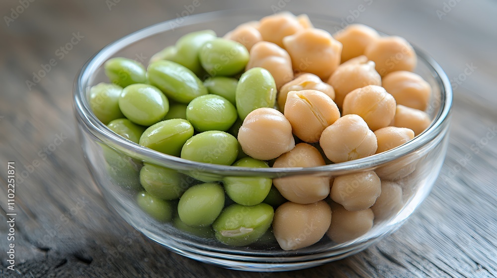 A visually appealing mix of edamame and chickpeas in a glass bowl, offering a nutritious and high-protein snack.
A visually appealing mix of edamame and chickpeas in a glass bowl, offering a nutritious and high-protein snack.