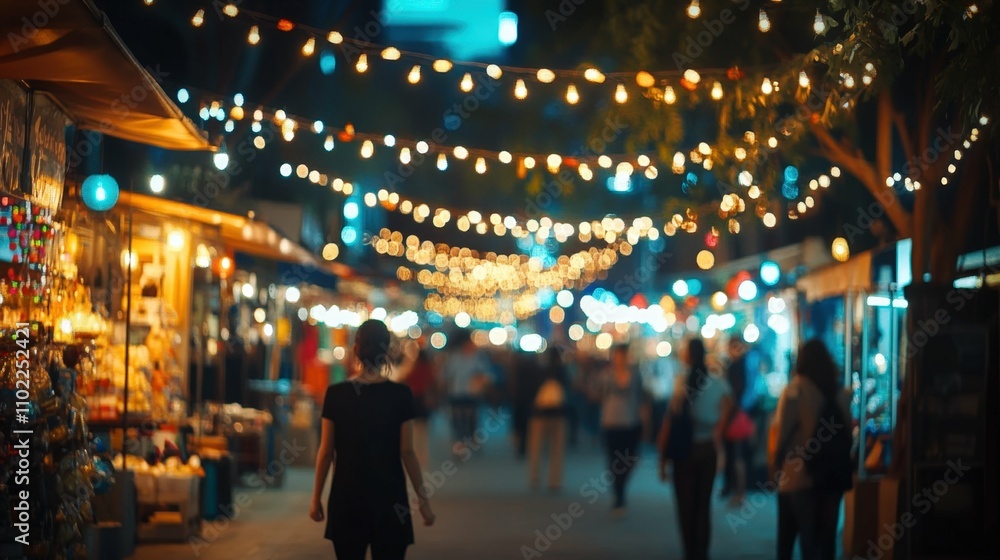 Fototapeta premium Vibrant evening market with decorative lights, people in the background, warm lighting, street atmosphere, minimalist style