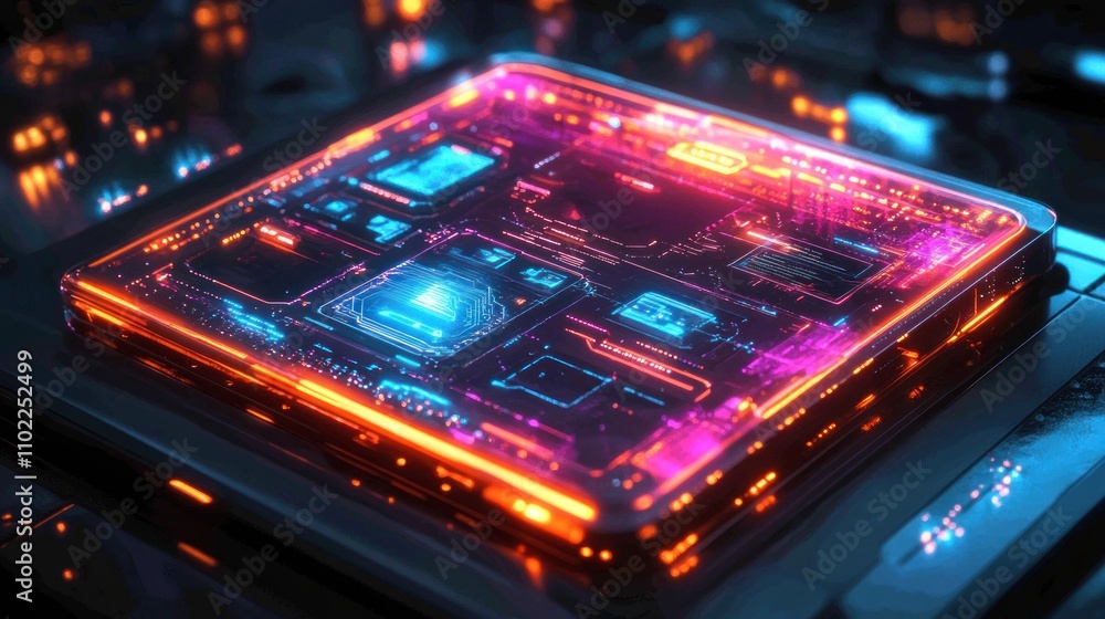 Futuristic glowing circuit board with blue and orange light. Futuristic glowing circuit board with blue and orange light.