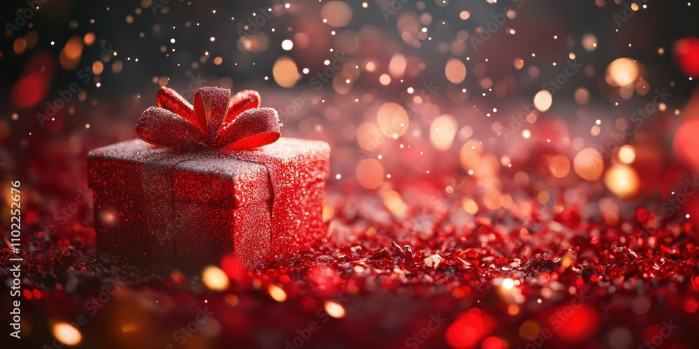Red glittery gift box with ribbon placed on a sparkling surface with warm glowing bokeh Red glittery gift box with ribbon placed on a sparkling surface with warm glowing bokeh