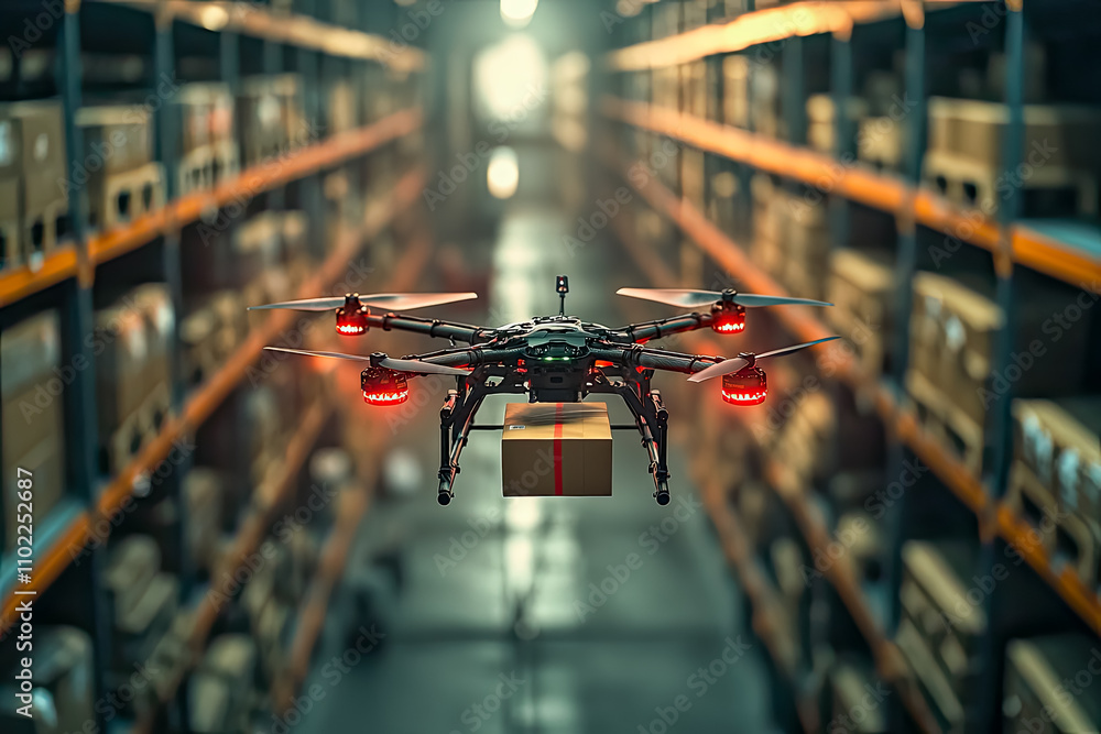 Close-up of a high-tech drone transporting a package in a logistics warehouse Close-up of a high-tech drone transporting a package in a logistics warehouse
