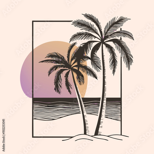 a black and white illustration of two palm trees on a beach.