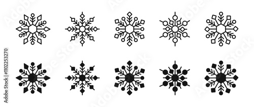 Snowflake linear icon set. Snow ice flakes ornament icons.