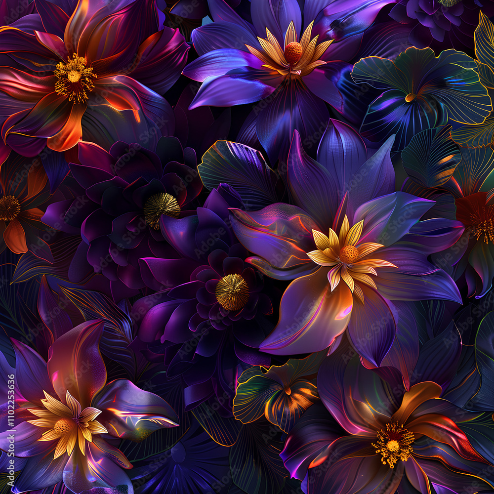 3D wallpaper featuring a symphony of flowers in neon colors like electric purple 3D wallpaper featuring a symphony of flowers in neon colors like electric purple