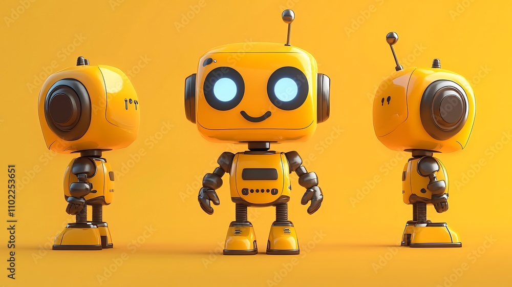 Naklejka premium Adorable Yellow Robot in Three-Quarter View: A 3D Render
