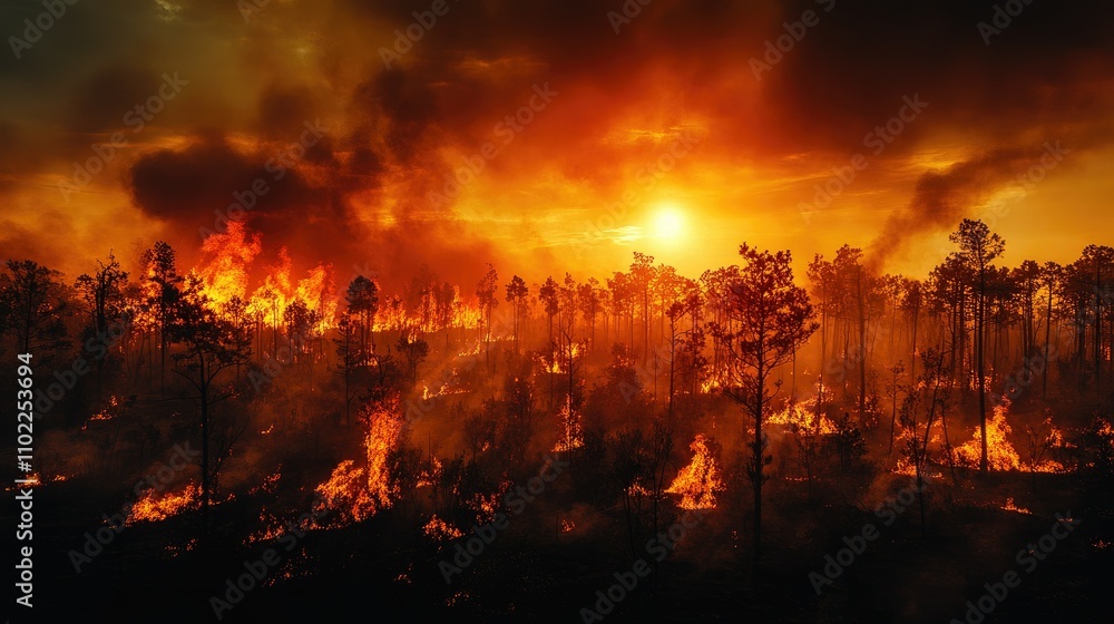 Obraz premium A dramatic sunset over a forest fire, showcasing flames and smoke among trees.