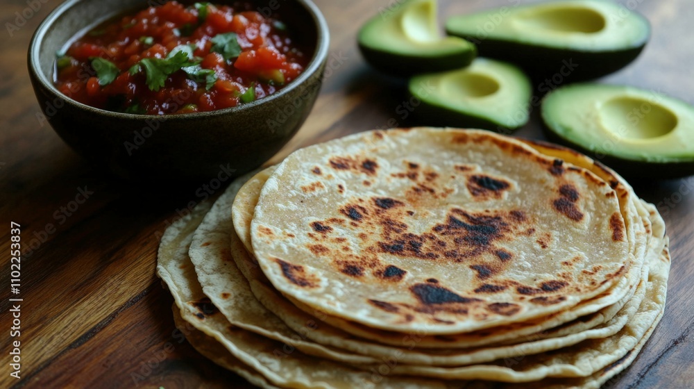 A stack of fresh corn tortillas on a wooden surface, with a bowl of salsa and avocado slices nearby, A stack of fresh corn tortillas on a wooden surface, with a bowl of salsa and avocado slices nearby,