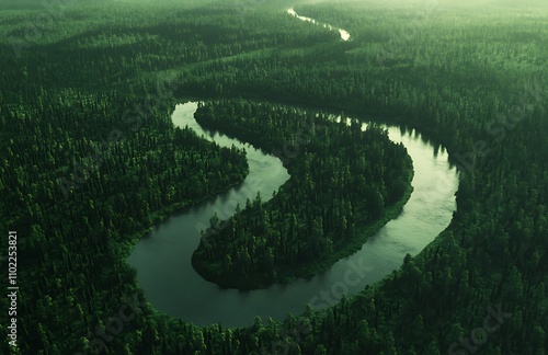 Winding river flowing through dense green forest under soft light