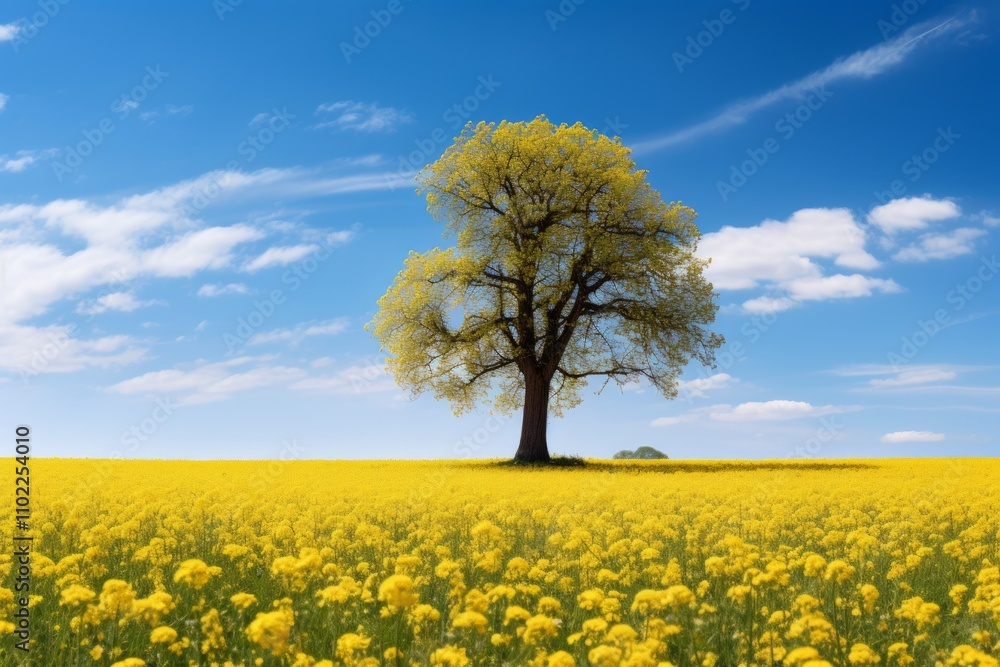 A tree stands on a field with yellow dandelions, swiss style, panorama, azure, A tree stands on a field with yellow dandelions, swiss style, panorama, azure,