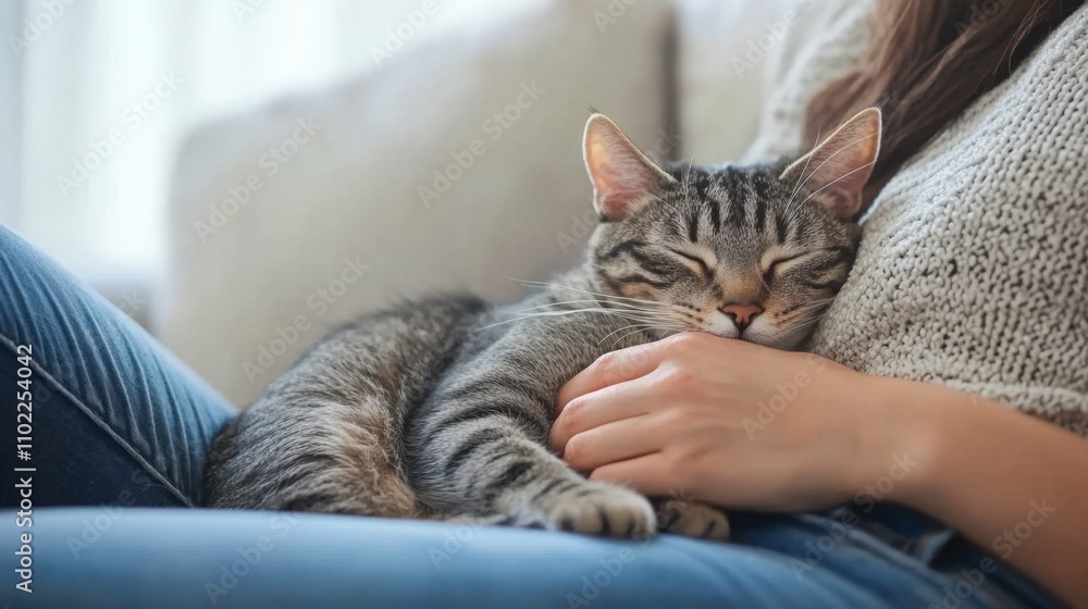 close up of woman's hand gently petting a gray tabby cat curled up on her lap, sitting on sofa, close up of woman's hand gently petting a gray tabby cat curled up on her lap, sitting on sofa,