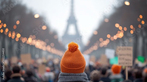 A large crowd of people holding banners and signs with messages demanding action on climate change, demonstrating public concern and mobilization for climate action. photo