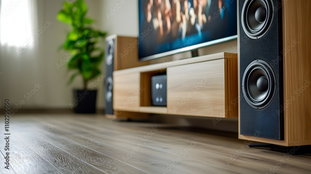 Fototapeta premium Cozy Home Theater Speaker Setup - Enjoy High-Definition Sound Quality with Wall-Mounted Speakers and a Big Screen TV for an Immersive Cinematic Experience