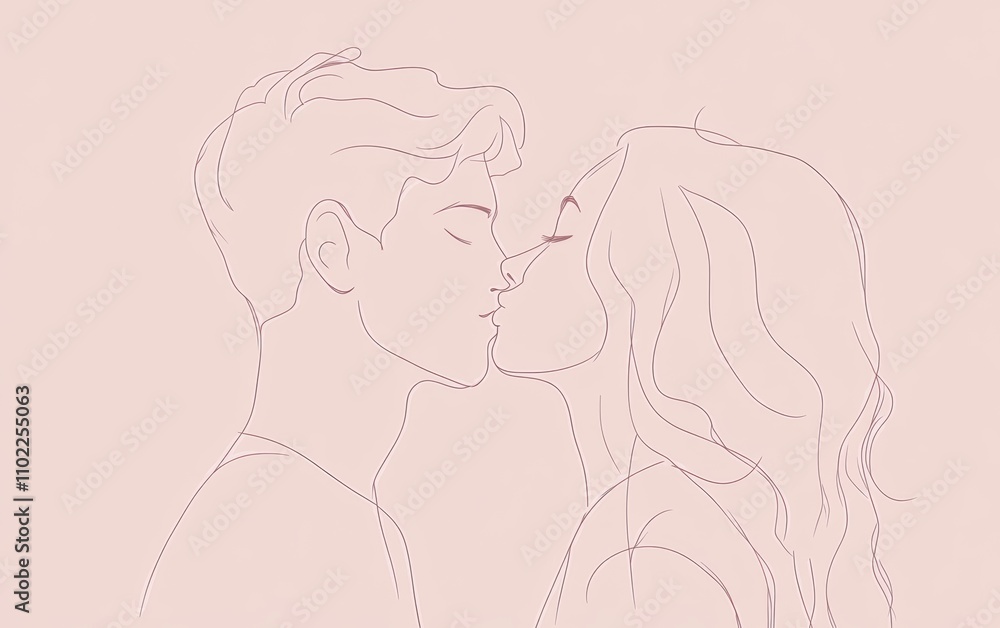 An illustration of a line-drawn silhouette of a lovers couple kissing, on a pale pink background. Valentine's day concept, February 14. An illustration of a line-drawn silhouette of a lovers couple kissing, on a pale pink background. Valentine's day concept, February 14.