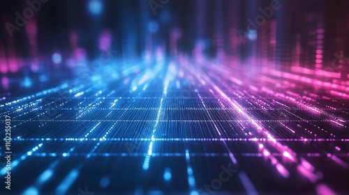 Futuristic neon blue grid illuminating a digital landscape at night with vibrant pink highlights