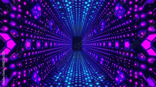 Vivid digital tunnel pattern with neon blue and purple lights creating an immersive experience