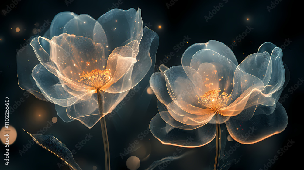 Two glowing, ethereal flowers with delicate petals and stems, radiating soft light against a dark background. Phantasmagoric. Illustration Two glowing, ethereal flowers with delicate petals and stems, radiating soft light against a dark background. Phantasmagoric. Illustration