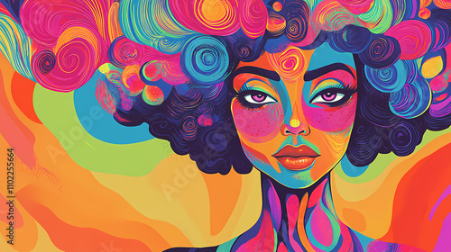 Vibrant portrait of a woman with a surreal garment, bold colors, and a beautiful face, reminiscent of a whimsical cartoon character. Phantasmagoric. Illustration