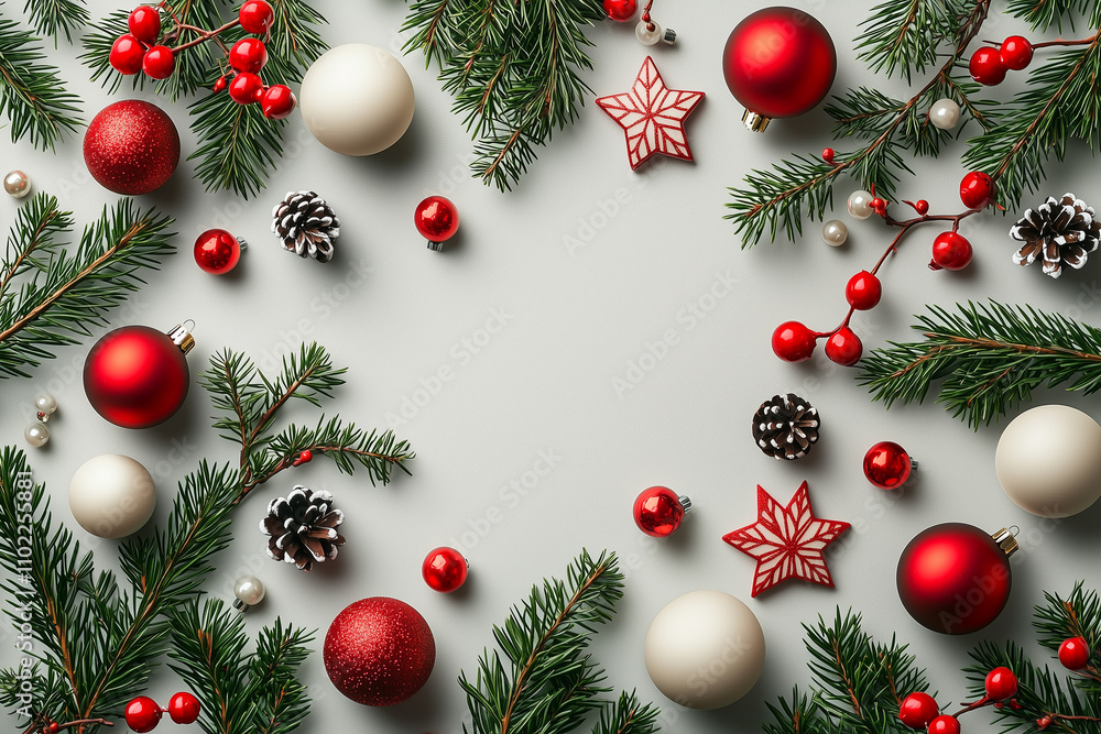 Flat Lay Christmas Background with Pine Branches, Red and White Decorations on Gray Flat Lay Christmas Background with Pine Branches, Red and White Decorations on Gray