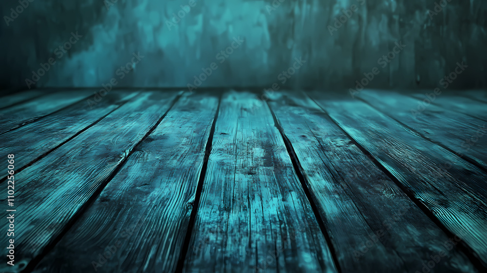 Fototapeta premium Wood background with dark teal and aquamarine wooden floors, featuring surrealistic elements. Phantasmagoric. Illustration