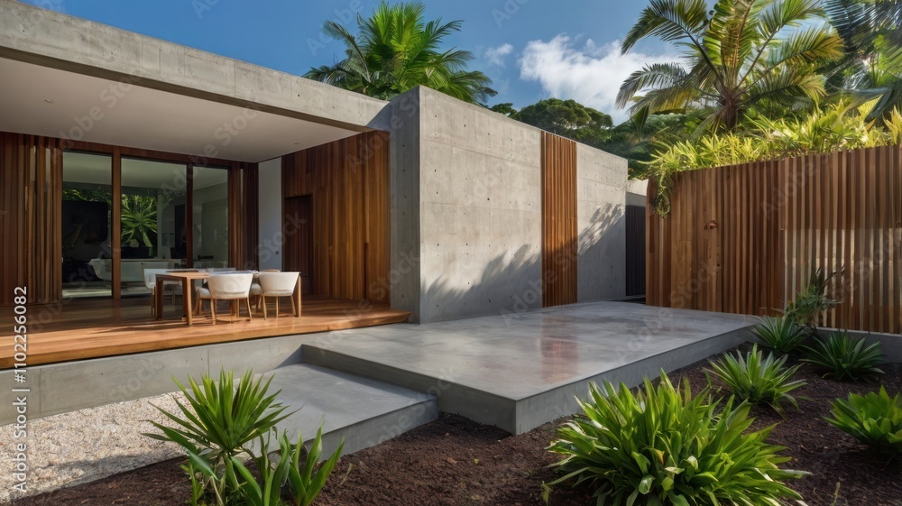 Modern concrete and wood house with patio and tropical landscaping. Modern concrete and wood house with patio and tropical landscaping.