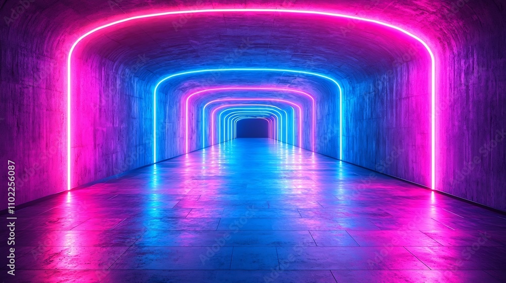 Neon Lit Hexagonal Tunnel With Vibrant Blue and Green Lighting for Displaying Futuristic Product Concepts Neon Lit Hexagonal Tunnel With Vibrant Blue and Green Lighting for Displaying Futuristic Product Concepts