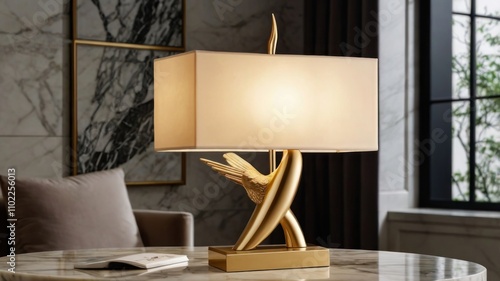 Elegant gold table lamp with rectangular shade and bird-shaped base. photo