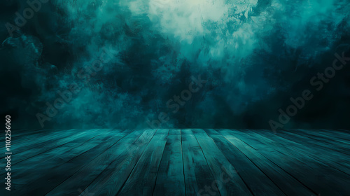 Wood background with dark teal and aquamarine wooden floors, featuring surrealistic elements. Phantasmagoric. Illustration photo