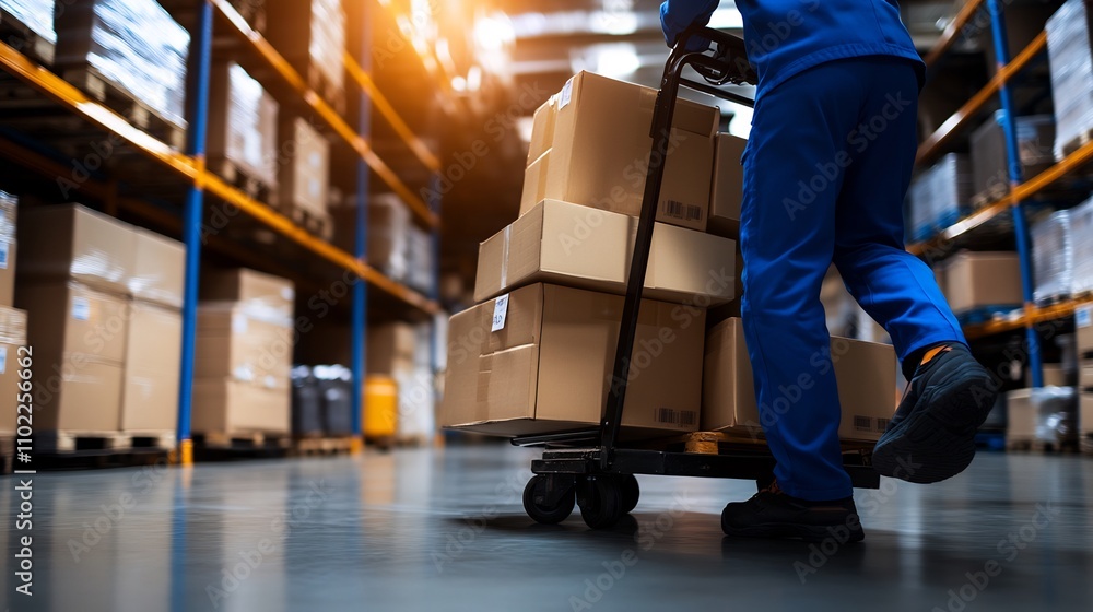Obraz premium Warehouse Worker Transporting Cardboard Boxes on a Hand Truck