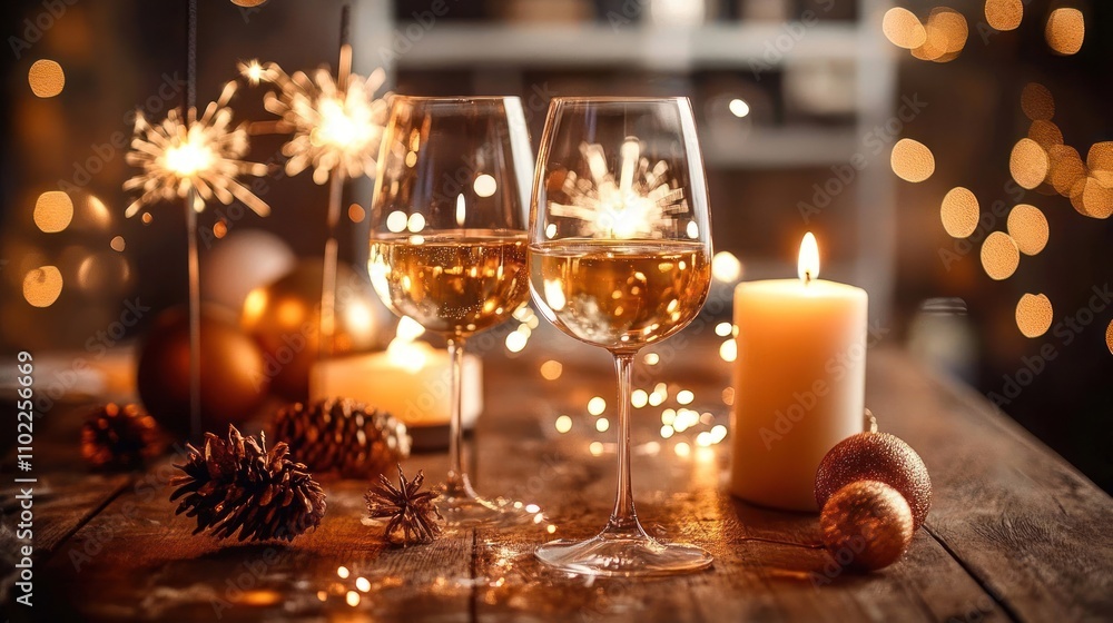 Two glasses of white wine with sparklers and candles on a wooden table. Two glasses of white wine with sparklers and candles on a wooden table.