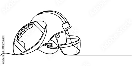 American football helmet and ball continuous line drawing element isolated on white background for decorative element. Vector illustration of gridiron in trendy outline style, Single continuous line