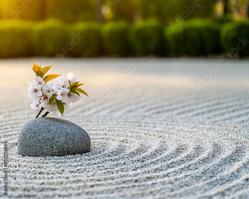 Tranquil zen garden with radiant sunset glow nature serene environment close-up view aura of serenity