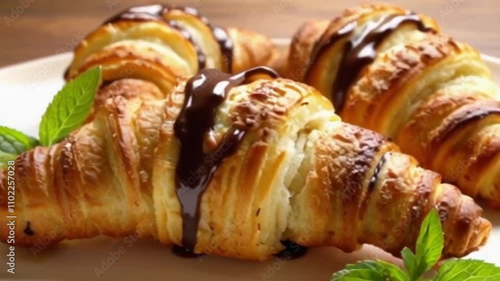 Cinematic Close-Up of Chocolate Drizzle and Flaky Croissant Layers with Warm Lighting Cinematic Close-Up of Chocolate Drizzle and Flaky Croissant Layers with Warm Lighting