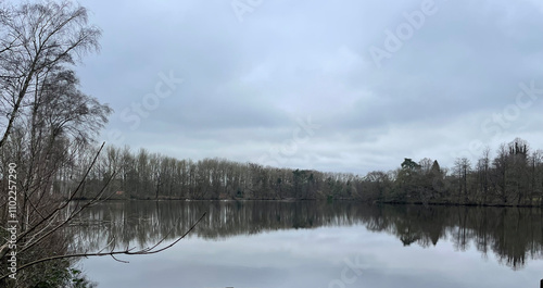Serene Lake Reflection, Winter Landscape, Tranquil Nature Scene