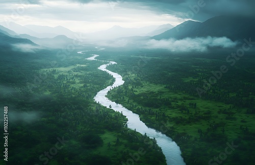 Winding river flows through dense green landscape surrounded by mountains and misty clouds in a tranquil setting