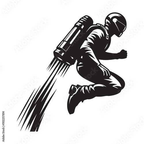  Figure flying a jetpack silhouette vector art black color design and solid white background