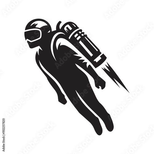  Figure flying a jetpack silhouette vector art black color design and solid white background