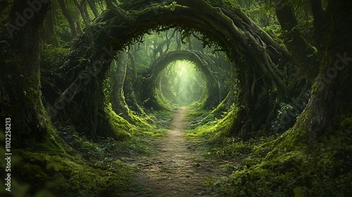 Enchanting dirt path winding through a mystical forest with arched foliage and soft light filtering through trees